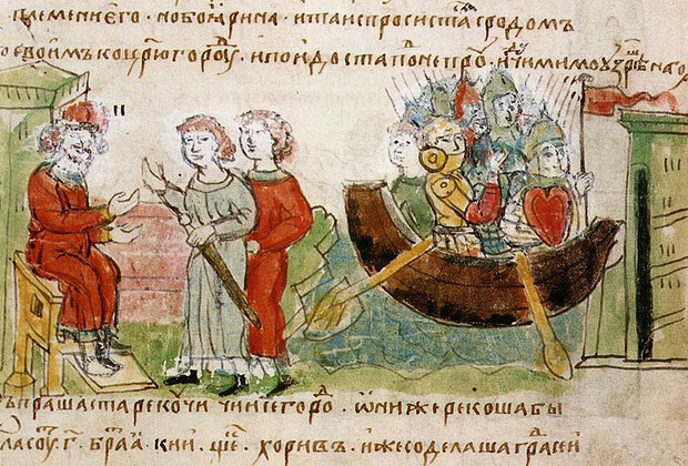 Аскольд и Дир, просящие у Рюрика в Новгороде разрешения на поход в Царьград; прибытие Аскольда и Дира на кораблях с дружиной к Киеву.