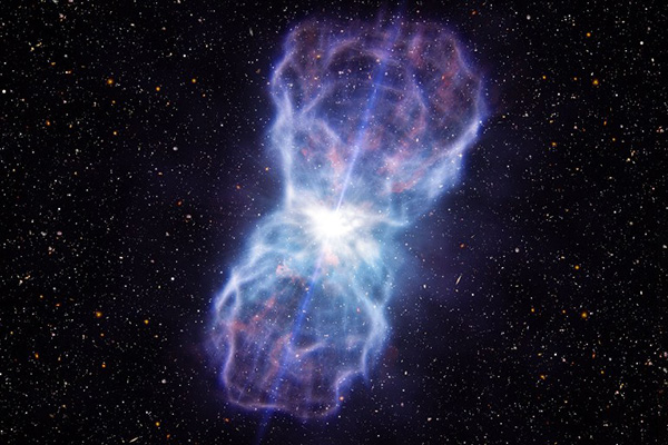 EMBARGOED UNTIL NOVEMBER 28, 2012 AT 12:00 CET
A handout artist impression released on November 26, 2012 by the European Southern Observatory (ESO) shows the material ejected from the region around the supermassive black hole in the quasar SDSS J1106+1939. This object has the most energetic outflows ever seen, at least five times more powerful than any that have been observed to date. Quasars are extremely bright galactic centers powered by supermassive black holes. Many blast huge amounts of material out into their host galaxies, and these outflows play a key role in the evolution of galaxies. But, before this object was studied, the observed outflows weren’t as powerful as predicted by theorists. The very bright quasar appears at the centre of the picture and the outflow spreads about 1000 light-years out into the surrounding galaxy. AFP PHOTO / EUROPEAN SOUTHERN OBSERVATORY / L. Calзada
RESTRICTED TO EDITORIAL USE - MANDATORY CREDIT &quot;AFP PHOTO /  EUROPEAN SOUTHERN OBSERVATORY  / L. Calзada&quot; - NO MARKETING NO ADVERTISING CAMPAIGNS - DISTRIBUTED AS A SERVICE TO CLIENTS