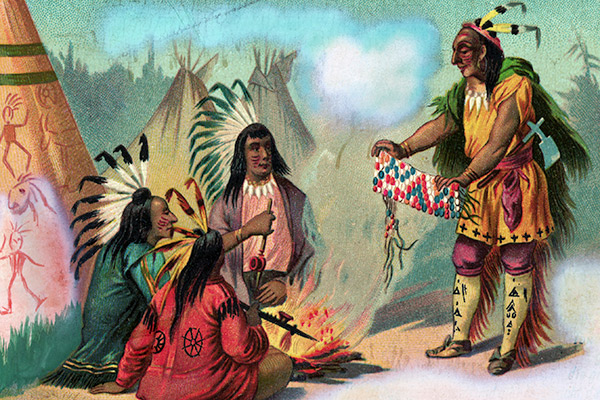 1885 --- Original caption: Indian showing a string of wampum to his friends. Lithograph. Undated. --- Image by  Corbis