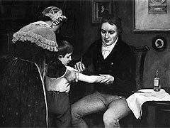 Эдвард Дженнер проводит вакцинацию детей. Изображение с сайта vaclib.org