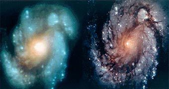 Слева - снимок галактики М100, полученный до установки на зеркало "Хаббла" корректирующей системы. Справа - снимок той же галактики после коррекции. Фото NASA