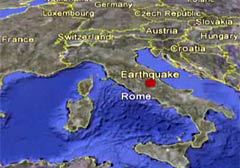 Эпицентр землетрясения на карте региона сервиса Google Earth