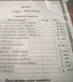 Ценник в Ташкентском ресторане (указаны цены за бутылку), 2011 год. Фото "Ленты.ру" <br>(Нажмите чтобы увеличить)