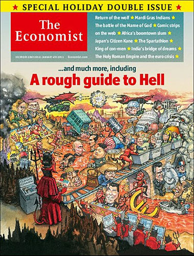 И Владимир Путин (здесь он в центре преисподней вместе с главами Ирана и КНДР) становится героем обложки The Economist далеко не в первый раз