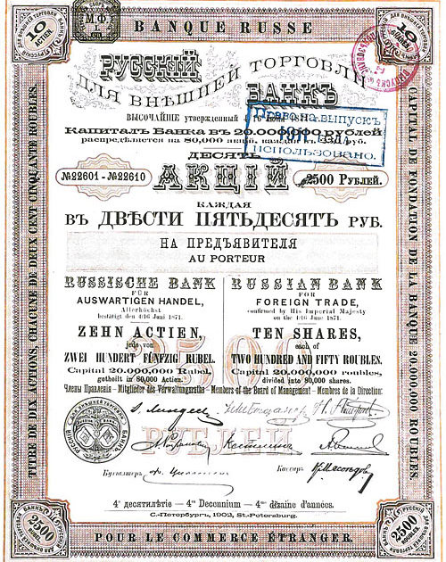 Русский для внешней торговли банк. Десять акций, каждая в 250 рублей (1902 год). 