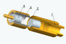 Конструкция свистка Гальтона с кольцевым соплом и регулируемым объемом резонатора. 1 ─ сопло; 2 ─ кольцевая щель сопла; 3 ─ резонатор; 4 ─ регулировочный поршень.
