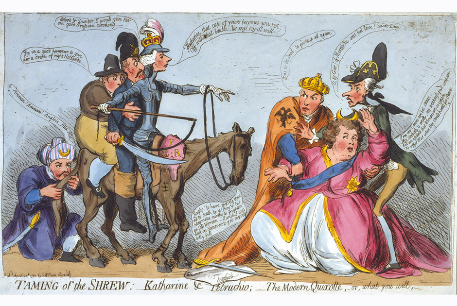 «Укрощение строптивой». Английская карикатура на Екатерину II перед лицом английского премьер-министра Уильяма Питта-младшего (в образе Дона Кихота) . 1791 год