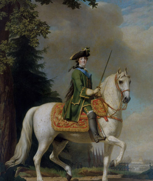 «Поход на Петергоф». Виргилиус Эриксен. 1760-е. Екатерина II в образе гвардейца