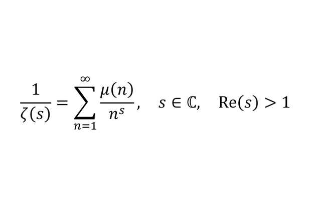 В этой формуле слева стоит знаменитая дзета-функция Римана, а справа — ряд Дирихле для функции Мёбиуса. Функция Мёбиуса определена для натуральных чисел и возвращает 1, если число состоит из четного числа простых множителей, среди которых нет одинаковых, -1, если число состоит из нечетного числа таких множителей, и 0 — во всех остальных случаях. Эта формула демонстрирует глубокую связь дзета-функции с теорией чисел.