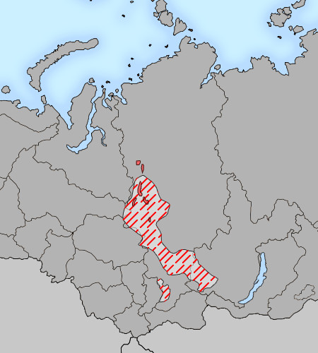 География распространения енисейских языков в XVII веке (штриховка) и в конце XX века (сплошной красный фон)