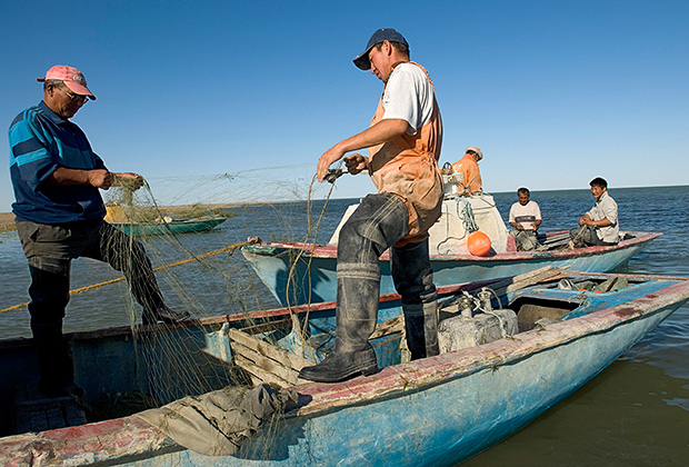 Рыбаки во время лова рыбы в Аральском море