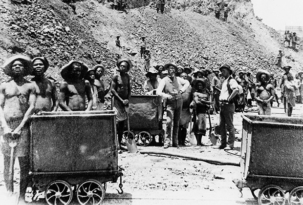 Zulu 'boys' working at De Beers diamond mines, Kimberley, South Africa, c1885. In 1887 and 1888 Cecil Rhodes amalgamated the diamond mines around Kimberley, which included De Beers, into Consolidated Mines.
