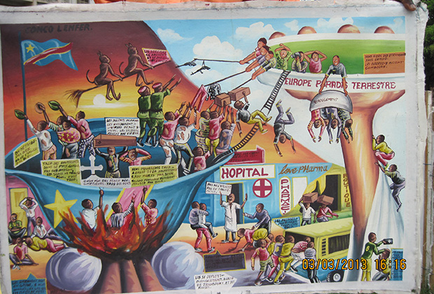 Образчик конголезского «наивного искусства». На картине Конго — ад, а Европа — рай на Земле, что точно отражает представления местных о мире