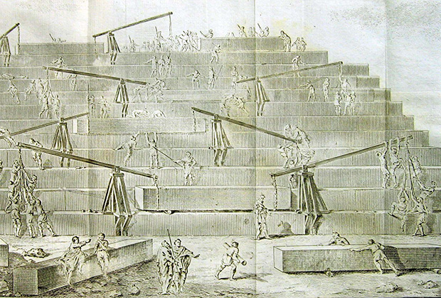 Реконструкция процесса строительства пирамид по Геродоту (гравюра XVIII века)