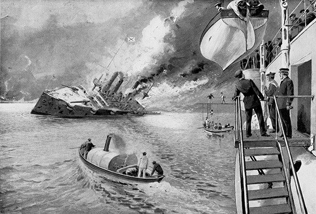 Русский крейсер «Варяг» тонет вблизи корейского города Чемульпо, февраль 1904 года