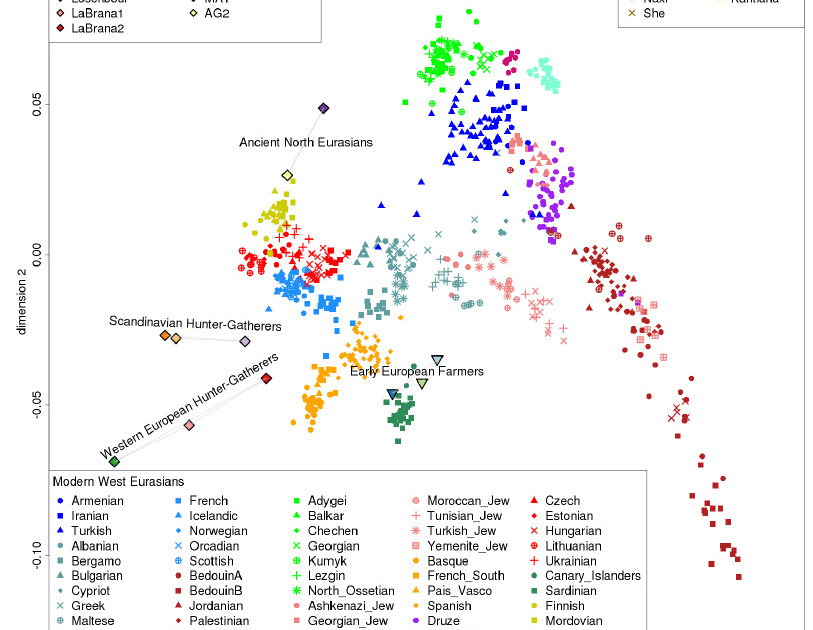 Двумерная диаграмма родства древних людей и некоторых современных европейских и азиатских этносов