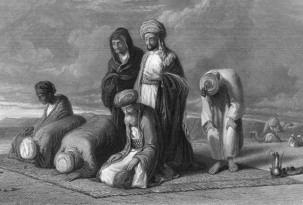 Мусульмане молятся, повернувшись лицом к Мекке, середина XIX века