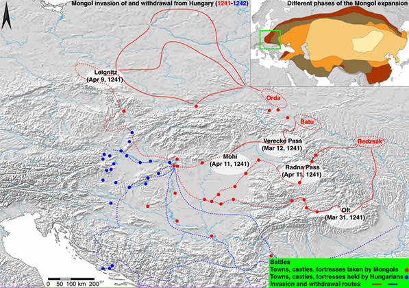 Маршрут вторжения (красный) и отступления (синий) монголов из Венгрии