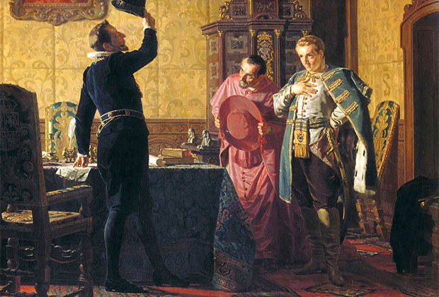 Присяга Лжедмитрия I польскому королю Сигизмунду III на введение в России католицизма. Картина Николая Неврева,1874 год