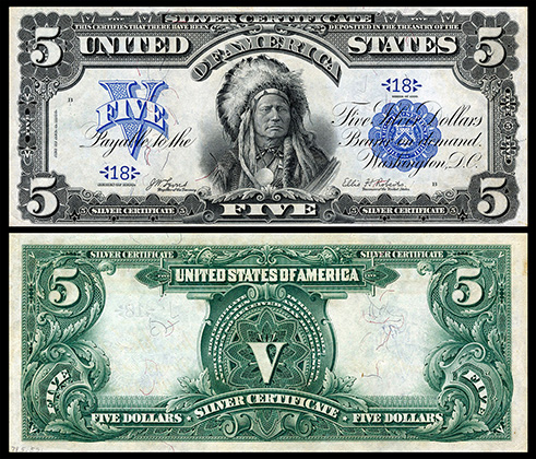 На пяти долларах 1899 года изображен индеец 