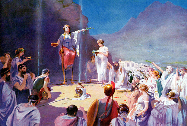 776 год до н.э., храм Аполлона в Дельфах: Пифия велит грекам возобновить Олимпиады 