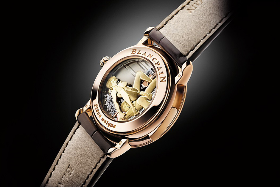 Еще одна версия часов Blancpain с каруселью и минутным репетиром в корпусе красного золота. Отличие только в сюжете: он еще более откровенный.