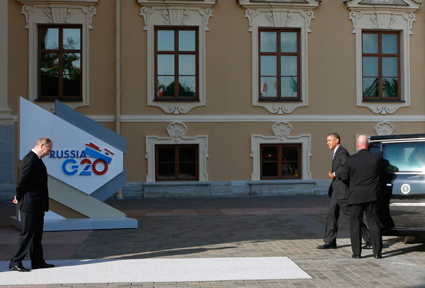 Путин приветствует Обаму на саммите «Большой двадцатки» в Санкт-Петербурге, 2013 год