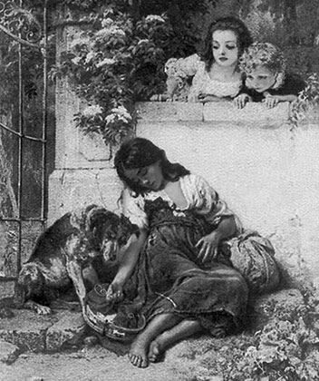 Август Вильгельм Зон «Дети смотрят на маленькую попрошайку», гравюра XIX века