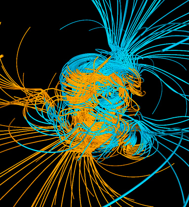 Магнитное поле Земли за 500 лет до разворота (согласно суперкомпьютерному моделированию)
