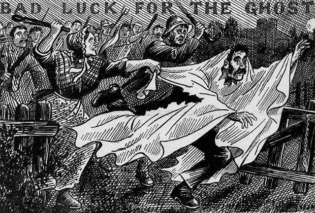 Шутника в костюме призрака избивают недовольные граждане. Девон, Англия, 1894 год. Иллюстрация в газете Police News