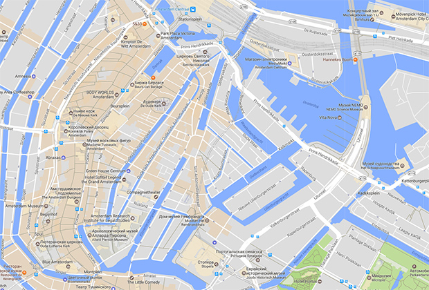 Оранжевым цветом в Google Maps обозначены самые популярные места у пешеходов (Areas of Interest)
