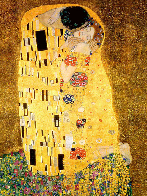 Искусствоведы находят в самой известной картине Климта много эротических подтекстов: например, считается, что прямоугольники на одежде мужчины — сперматозоиды, а «яйцевидные» узоры на платье женщины символизируют плодовитость.