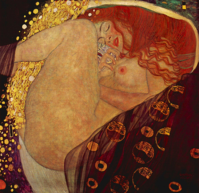 Климт знаком зрителю, прежде всего, картинами своего «Золотого периода»: позолота, использованная в работах, — наиболее узнаваемый элемент его творчества. В «Данае» позолоченным стал, естественно, тот самый золотой дождь, который, согласно мифу, оплодотворил героиню.