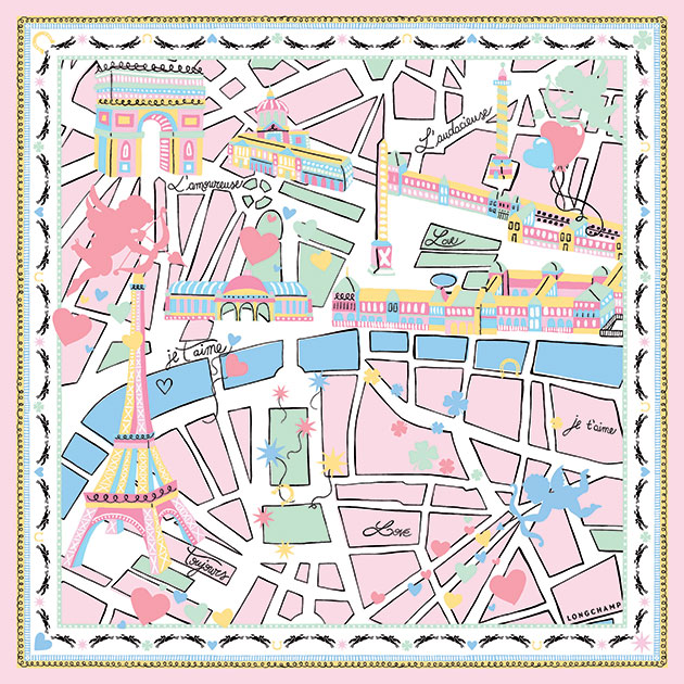 Платок-гаврош в нежно-розовой гамме со схемой самого, пожалуй, красивого города Земли. Его можно использовать вместо карты, планируя совместное романтическое путешествие.