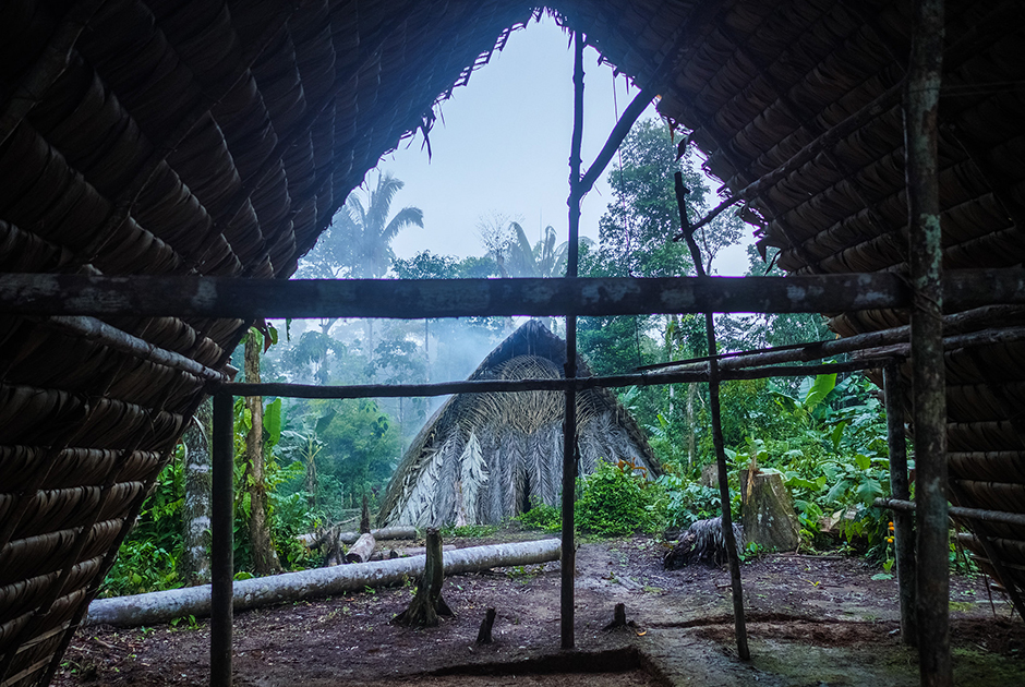 Традиционный дом ваорани — онко: двускатная крыша, покрытая пальмовыми листьями.