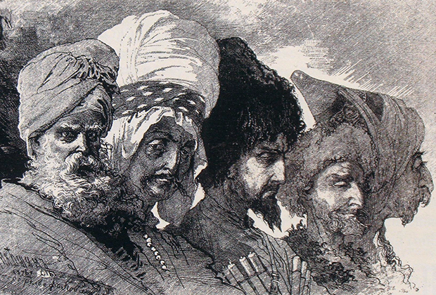 М. Микешин. Два курда-чертопоклонника (езиды), кабардинец, чеченец и курд-магометанин из окрестностей Вана. Рисунок 1876 года