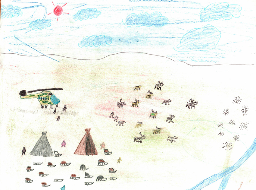 Рисунок воспитанника школы-интерната. Дети часто изображают тундру в подобном стиле, иногда рисуют и вертолет. Их отправляют из тундры в интернат на вертолете, поэтому его появление — важное событие их жизни.  