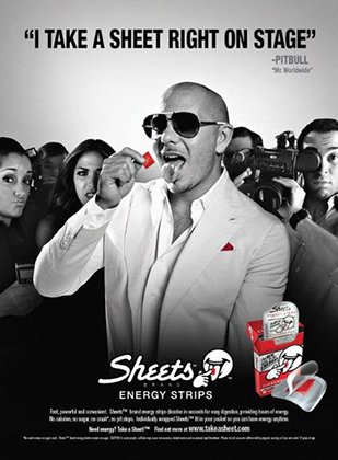 Реклама Sheets Energy Strips с рэпером Pitbull