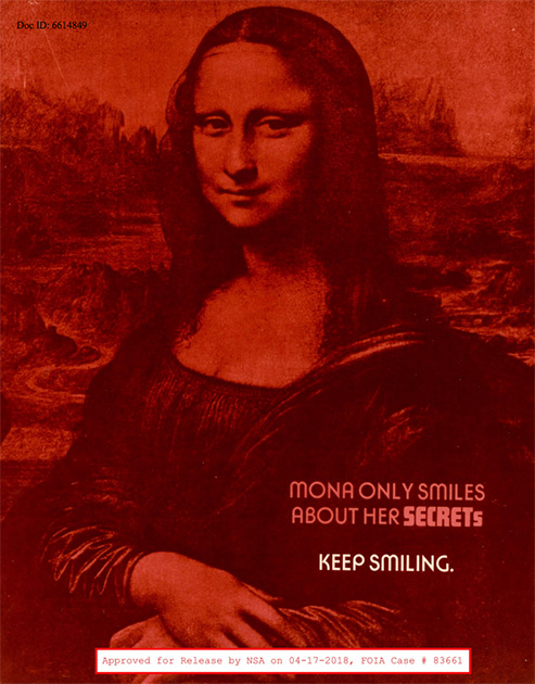 Бессмертное творение Леонардо да Винчи используют все кому не лень, и АНБ тут не исключение.

«Мона лишь улыбается о своих секретах. Продолжай улыбаться».