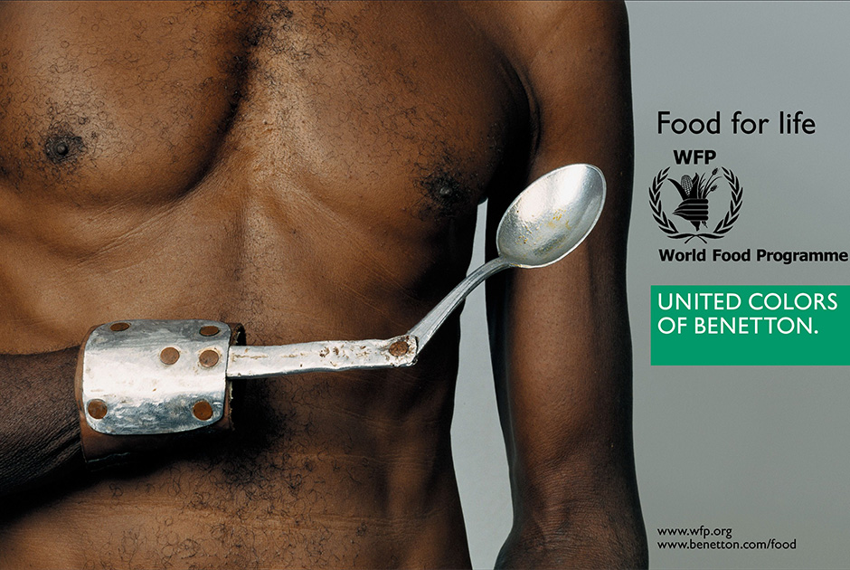 Кампания 2003 года Food for Life («Еда для жизни») проходила в сотрудничестве с World Food Programme. Самый шокирующий снимок изображал чернокожего истощенного человека с самодельным протезом руки, завершающимся ложкой.