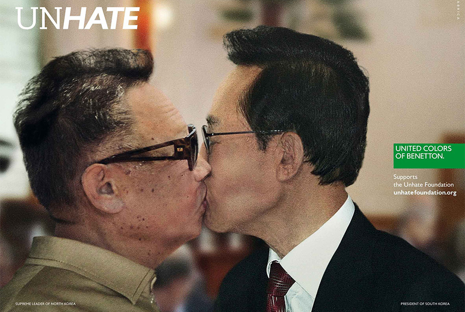 Самыми, пожалуй, скандальными плакатами из серии UnHate в 2011 году стали монтажи фото мировых политических и религиозных лидеров, слившихся в горячем товарищеском поцелуе. Целоваться заставили Саркози и Меркель, Ким Чен Ира и Ли Мен Бака, Обаму и Уго Чавеса и другие «парочки» непримиримых. Тему явно подсказал знаменитый снимок Брежнева и Хонеккера, воспроизведенный на граффити на Берлинской стене. 