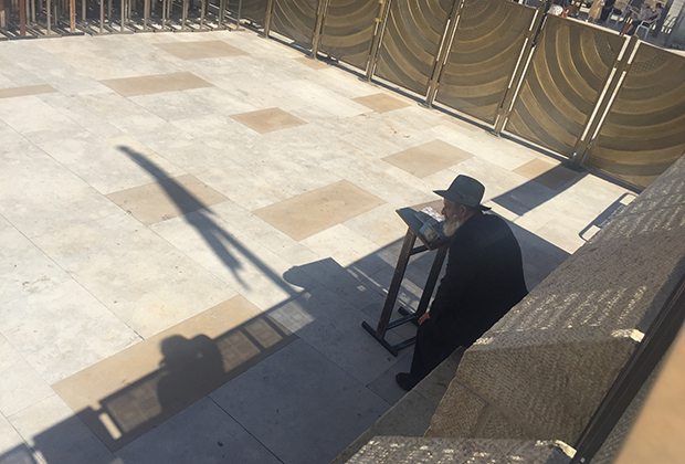 Молящийся хареди (ортодоксальный еврей) в молитвенной зоне у Стены Плача