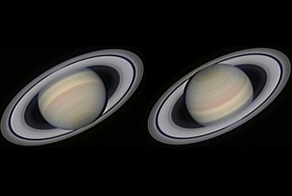 Изображение Сатурна в довольно высоком разрешении было получено с помощью сочетания четырех тысяч кадров (в общей сложности их было сделано 10 тысяч). Виден шестиугольник Сатурна, деление Энке (промежуток между кольцами) и полупрозрачное внутреннее кольцо С (креповое кольцо).
