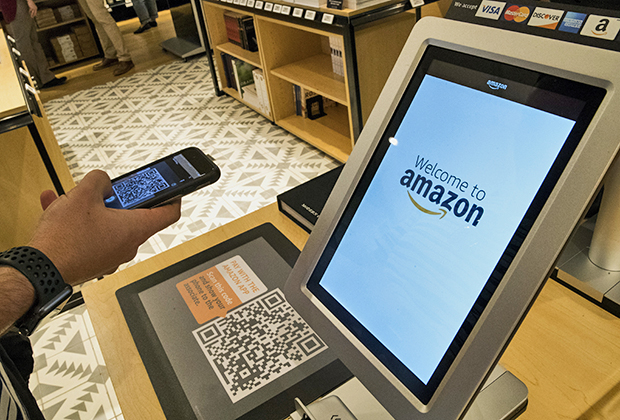 Daniel Thorpe, of Hoboken, N.J., uses the Amazon app to pay for his purchase at the Amazon 4-star store in the Soho neighborhood of New York, Thursday, Sept. 27, 2018. Amazon is expanding its physical presence again, this time opening a 4,000-square-foot store that sells a wide range of products, including shower curtains, Hallmark cards and baby bottles.
