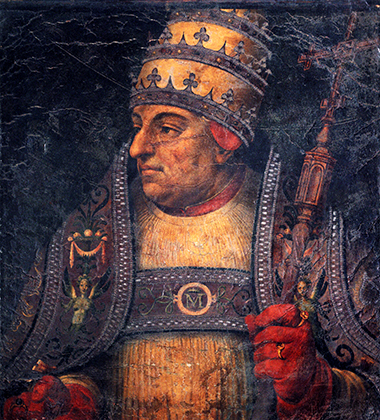 Фреска с изображением Папы Александра VI Борджиа. Судя по ней, папа не был писаным красавцем, как можно было подумать, учитывая его многочисленные любовные победы. 


