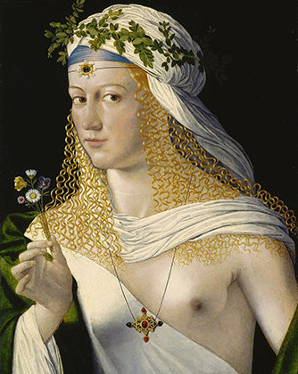 «Портрет куртизанки в образе Флоры» художника Бартоломео Венето считался изображающим Лукрецию Борджиа. 