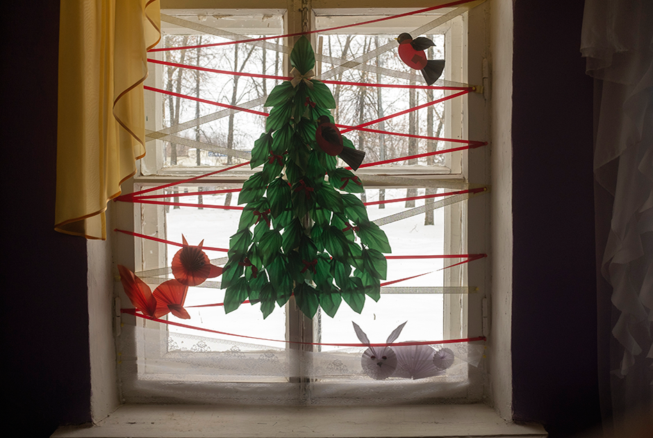 Тверская область, декабрь 2016 год.
 
К Новому году дети украсили своими поделками окно дома культуры в Лихославле. 