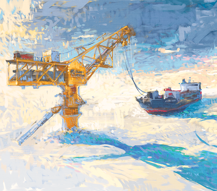 Пейзаж выполнен в стилистике, напоминающей об импрессионистической живописи Клода Моне. На картине изображены «Ворота Арктики» — первый в мире арктический нефтеналивной терминал в пресных водах, откуда берет начало морской путь нефти Новопортовского месторождения в Европу.