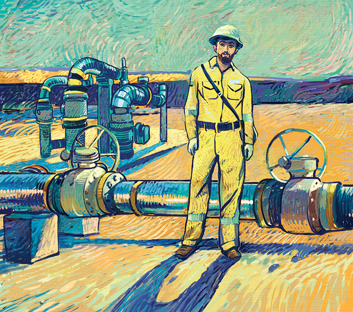 Изображение выполнено в стилистике живописных произведений голландского постимпрессиониста Винсента Ван Гога. Исследование промышленной эстетики на нефтяном месторождении Ближнего Востока.
