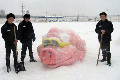 В российской колонии слепили самую красивую свинью из снега